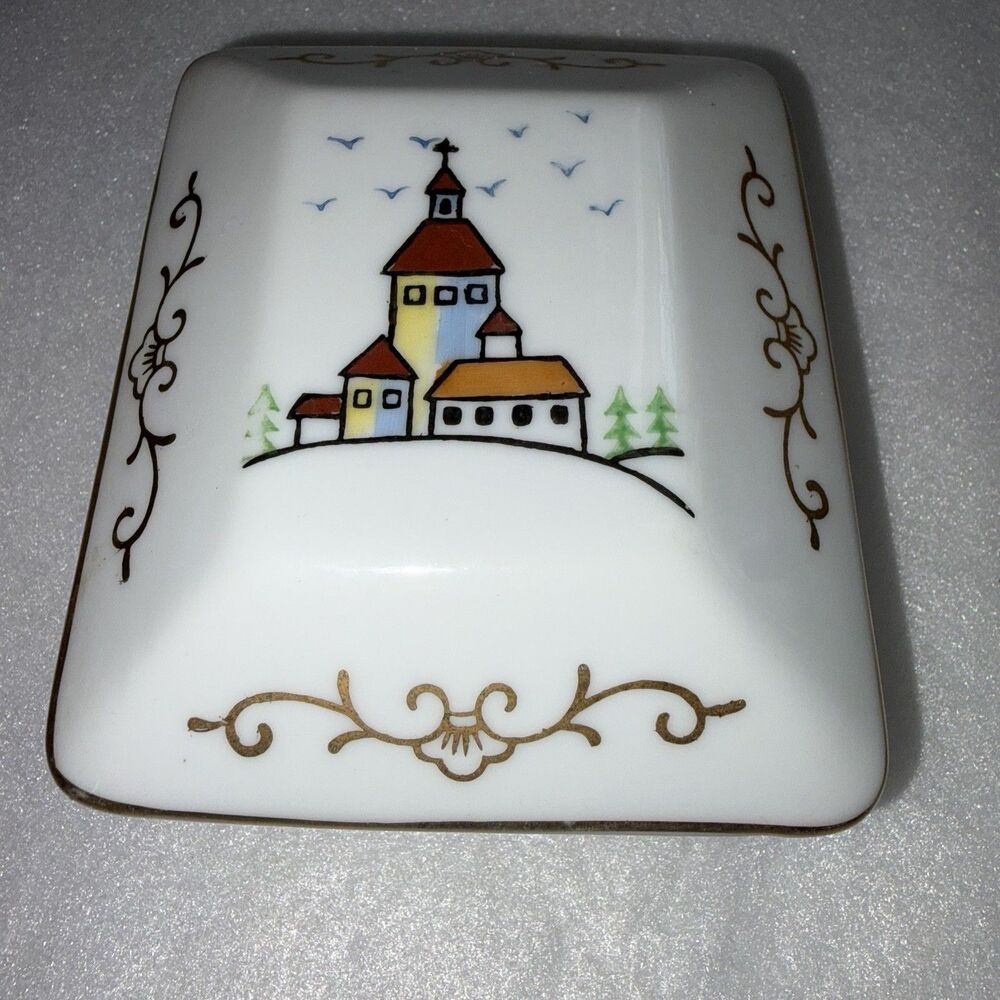 Vintage Ceramic Church Trinket Box Gold Accents Unmarked